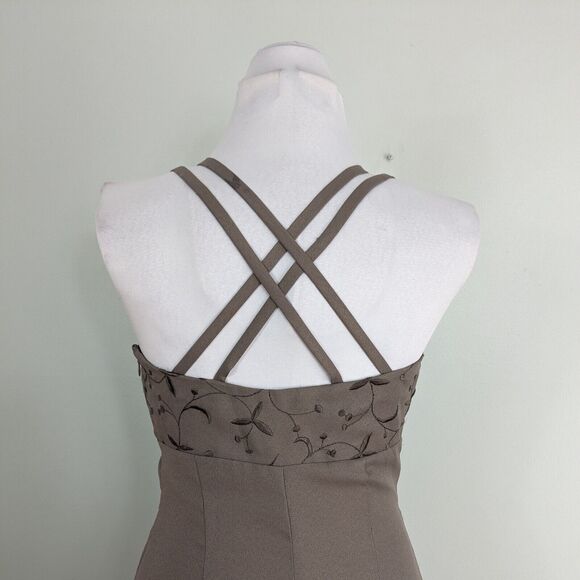 Vintage Bill Levkoff Prom Dress Maxi Gown Strappy Embroidered Taupe Brown 8 - Picture 3 of 9